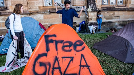 The pro-Palestinian encampment started by students on the university quad.