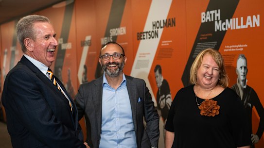 Three of the Wests Tigers four new independent board members: (from left), Barry O’Farrell, Charlie Viola and Michelle McDowell.