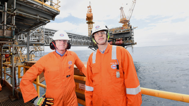 ExxonMobil's local chairman Nathan Fay (right) and the Australian Petroleum Production and Exploration Association's Andrew McConville on the Marlin platform in Bass Strait.