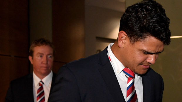 Support: Trent Robinson accompanies Latrell Mitchell to the NRL judiciary hearing where he was handed a one-match ban for a dangerous tackle.