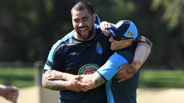 Popular: Andrew Fifita and Mark Donaldson, VC, at Blues training last year.
