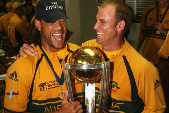 Andrew Symonds and great mate Matthew Hayden of Australia pose with the World Cup trophy in 2007.
