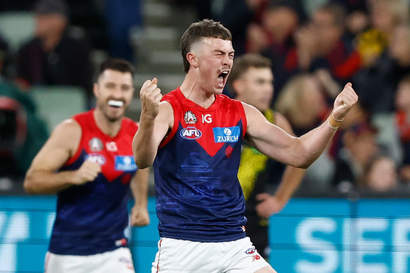 Melbourne Demons’ Daniel Turner of the Demons celebrates a goal during their match against the Richmond Tigers.