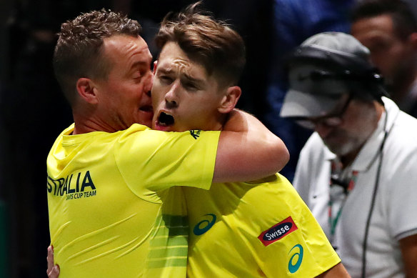 Australia’s Davis Cup captain Lleyton Hewitt (left) with Alex de Minaur.
