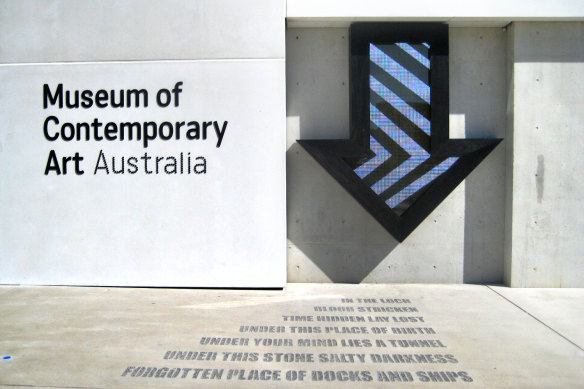 Brook Andrew’s “Warrang” arrow (2012) features a pattern derived from markers used by his mother’s Wiradjuri ancestors.