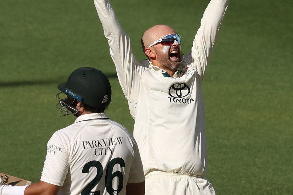 Nathan Lyon celebrates.