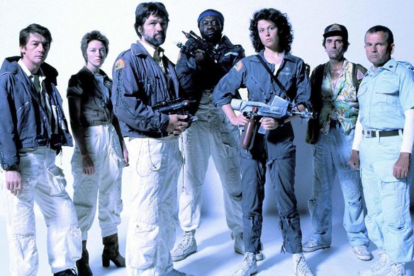 The 1979 cast of Alien (from left): John Hurt as Kane; Veronica Cartwright as Lambert; Tom Skerritt as Dallas; Yaphet Kotto as Carter; Sigourney Weaver as Ripley; Harry Dean Stanton as Brett; and Ian Holm as Ash.