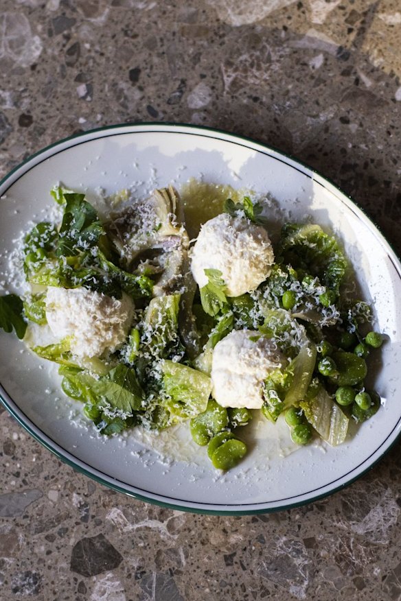 Ricotta gnocchi, fresh broad beans and vignarola of spring vegies.