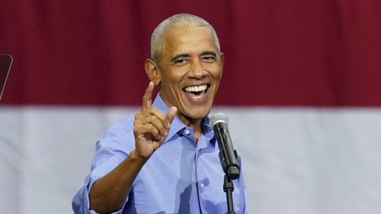 Former president Barack Obama speaks during a campaign rally.