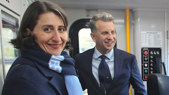 Premier Gladys Berejiklian and Transport Minister Andrew Constance inspect a new CRRC-built Waratah Train in 2018.