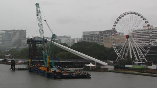 Construction under way on the Neville Bonner Bridge.