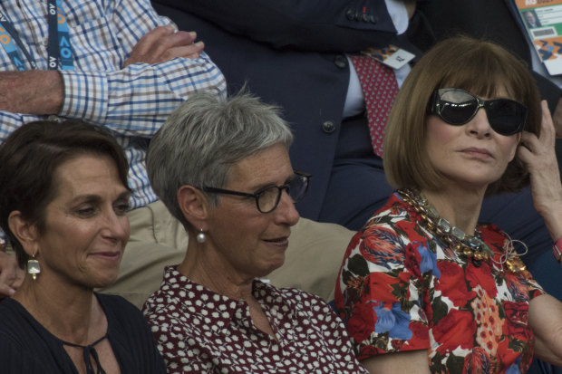 From left, Jayne Hrdlicka, Victorian governor Linda Dessau and Vogue editor-in-chief Anna Wintour at the Australian Open in January. 