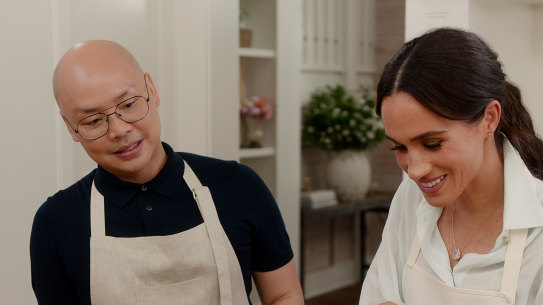 Meghan, Duchess of Sussex, finesses a sponge cake with her make-up artist, Daniel Martin, in With Love, Meghan.