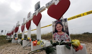 Crosses showing victims' names near the First Baptist Church in Sutherland Springs, Texas in November.