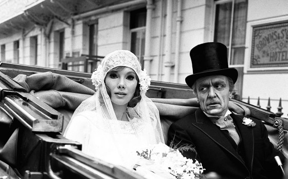 Susan Hampshire as Fleur, and Eric Porter (playing her father Soames Forsyte) for the BBC serial "The Forsyte Saga".
