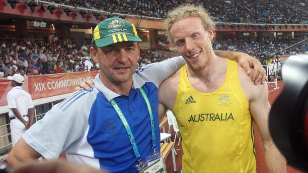 Alex Parnov (left) with Steve Hooker at the 2010 Commonwealth Games.