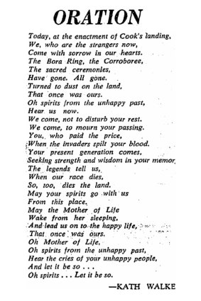 Poem by Kath Walker (Oodgeroo Noonuccal) for bicentenary of Cook's landing, April 29, 1970
