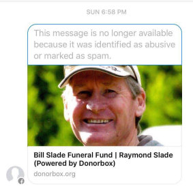 A social media link to the fraudulent fundraiser for dead firefighter Bill Slade which was held on Donorbox. 
