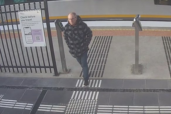 A security camera shot of Lees leaving Shepparton train station.