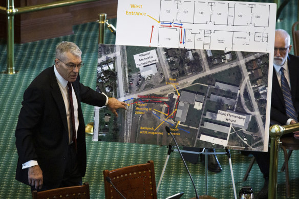 Texas Department of Public Safety Director Steve McCraw uses maps and graphics to present a timeline of the school shooting at Robb Elementary School in Uvalde, during a hearing.
