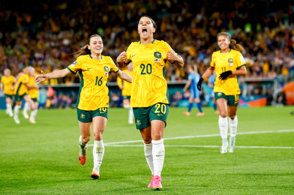 Sam Kerr leading the Matildas at last year’s Wormen’s World Cup.