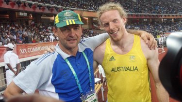 Alex Parnov (left) with Steve Hooker at the 2010 Commonwealth Games.