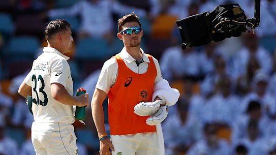 Curious habits: Marnus Labuschagne is interviewed by Fox Cricket on the Flying Fox while batting during day three.