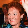 Pauline Hanson enters the One Nation election party at the Bended Elbow in Albury on Saturday night.