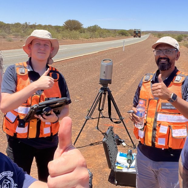 Bravo team leader Jason Paull, left, ANSTO senior associate physicist Dr Lachlan Chartier, ANSTO radiological emergency manager Prashant Maharaj and DFES search team member Dom Reay celebrate when it was confirmed they had found the capsule.