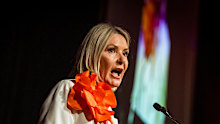 One Nation candidate Colleen Harkin speaks to the party faithful at the Victorian State campaign launch on October 3.