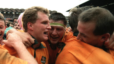Phil Kearns was part of two World Cup-winning Australian sides, in 1991 (pictured with Michael Lynagh) and 1999.