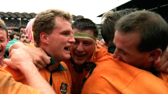 Phil Kearns was part of two World Cup-winning Australian sides, in 1991 (pictured with Michael Lynagh) and 1999.