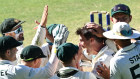 Pat Cummins celebrates the wicket of Mohammad Rizwan.