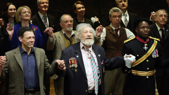 From left: Richard Coyle, Sir Ian McKellen and Toheeb Jimoh at the curtain call of “Player Kings” at London’s Noel Coward Theatre on April 11.