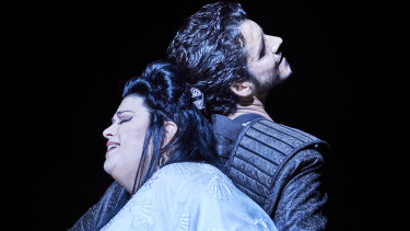 Amber Wagner and Andeka Gorrotxategi  in Opera Australia's 2019 production of Turandot at the Sydney Opera House. 