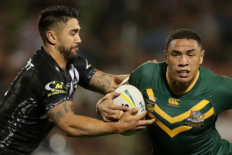 Shaun Johnson and Tyson Frizell at Wollongongâ€™s WIN Stadium in 2019.