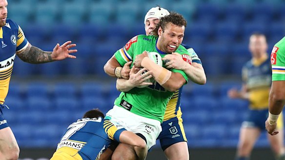 Seb Kris tries to break the Eels defence.