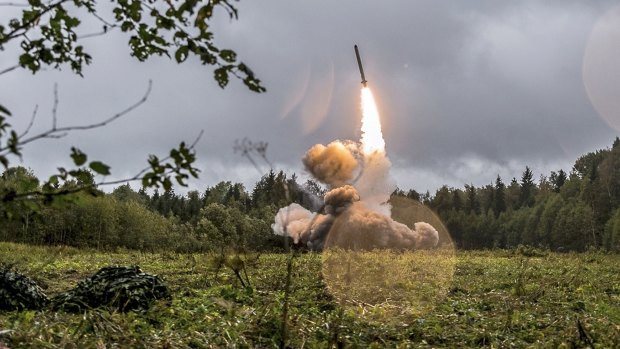 A Russian Iskander-K missile launched during a military exercise at a training ground at the Luzhsky Range near St Petersburg, Russia. 