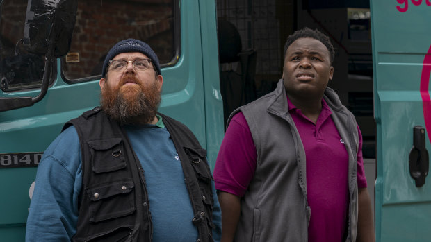 Nick Frost as Gus Roberts and Samson Kayo as Elton in Truth Seekers.