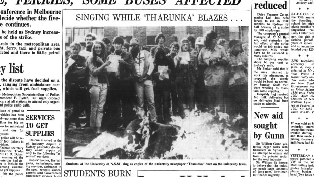 The Sydney Morning Herald, pg 1, 17th July 1970, showing UNSW students burning their student newspaper, Tharunka.