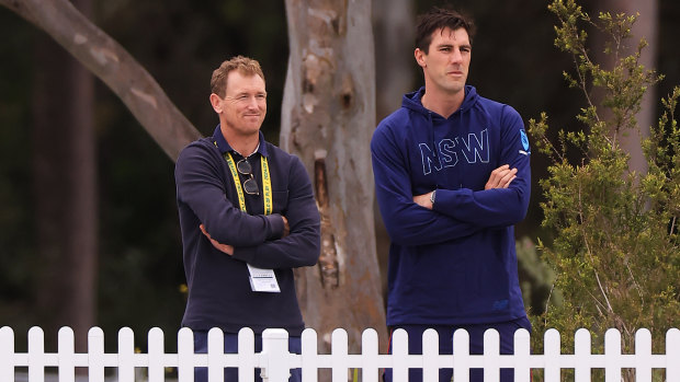 Australia’s chief selector George Bailey and skipper Pat Cummins watch on in Sydney.