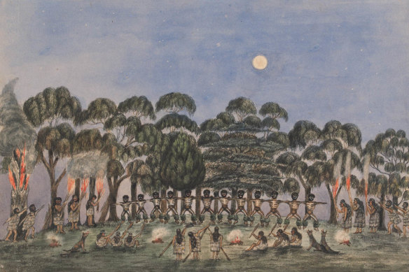A corroboree on Emerald Hill in 1840, by English-born painter and businessman Wilbraham Liardet.