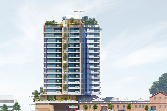 An artist’s impression of the residential tower planned for the heritage-listed Keating’s bread factory site in Fortitude Valley.