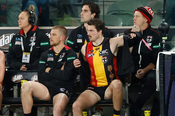 Seb Ross, Max King and Zaine Cordy look on during a tough night for the Saints against Melbourne back in round 17.