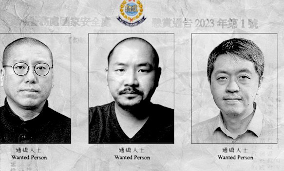 A “wanted” poster of Kevin Yam, Gordon Ng and Ted Hui that was put up outside a Hong Kong police station in the aftermath of the national security crackdown. Ng has since been sentenced to seven years’ jail for participating in an unofficial election.