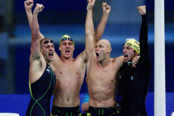 Australian teammates (from left) Ashley Callus, Chris Fydler, Michael Klim and Ian Thorpe celebrate after winning gold and setting a new world record in the men’s 4X100m freestyle relay event at the Sydney Olympics in 2000.