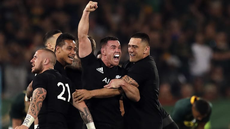 Triumph: New Zealand players celebrate their stunning fight back at Loftus Versfeld stadium .