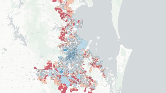 Red areas show high household vulnerability to mortgage and petrol costs increases as commuters are forced to drive. The Caboolture West, Southern Redlands, and Yarrabilba growth areas are all in this red “highly vulnerable areas.”