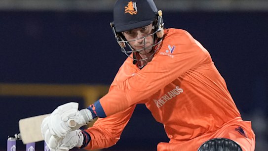 Scott Edwards on the way to his and the Netherlands’ finest hour against South Africa in Dharamshala.