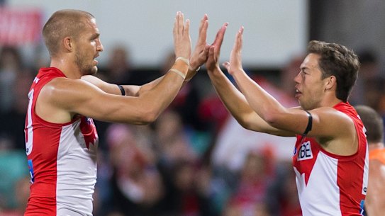 Sam Reid (left) celebrates one of his two goals against the Giants.
